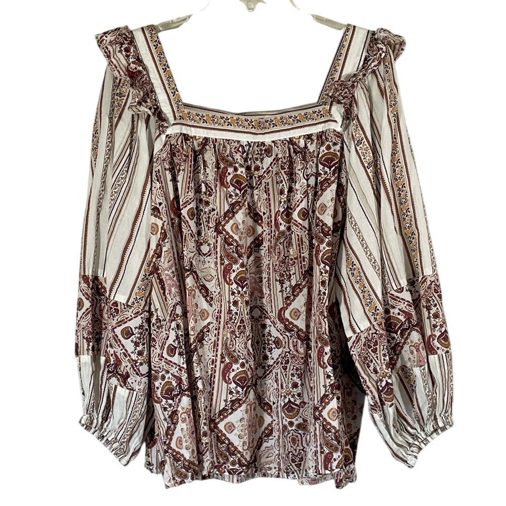 Cato Paisley‎ Stripe Square Neck Patchwork Blouse Burgundy Cream Plus Size 22 24